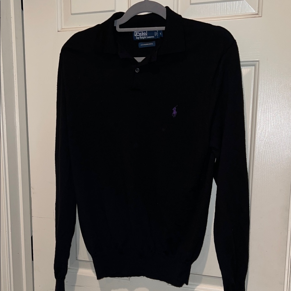 Ralph Lauren Black Sweater with purple Logo Stitching 100% Merino Wool